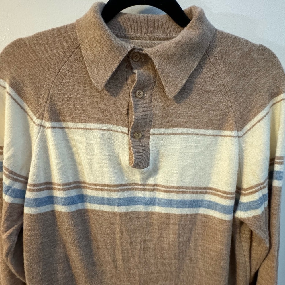Vintage 70s Men's Long Sleeve Striped Neutral Polo Button Up Shirt Knit Preppy - Picture 3 of 11